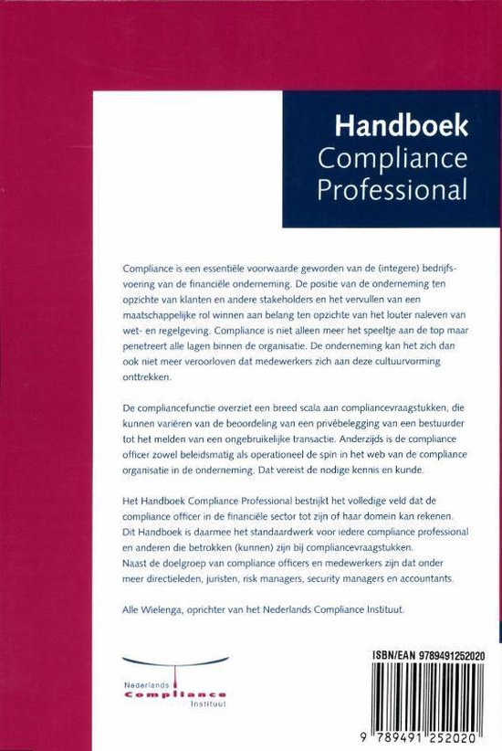 De achterkant van het boek 'Handboek Compliance Professional' met tekst en het logo van het Nederlands Compliance Instituut.