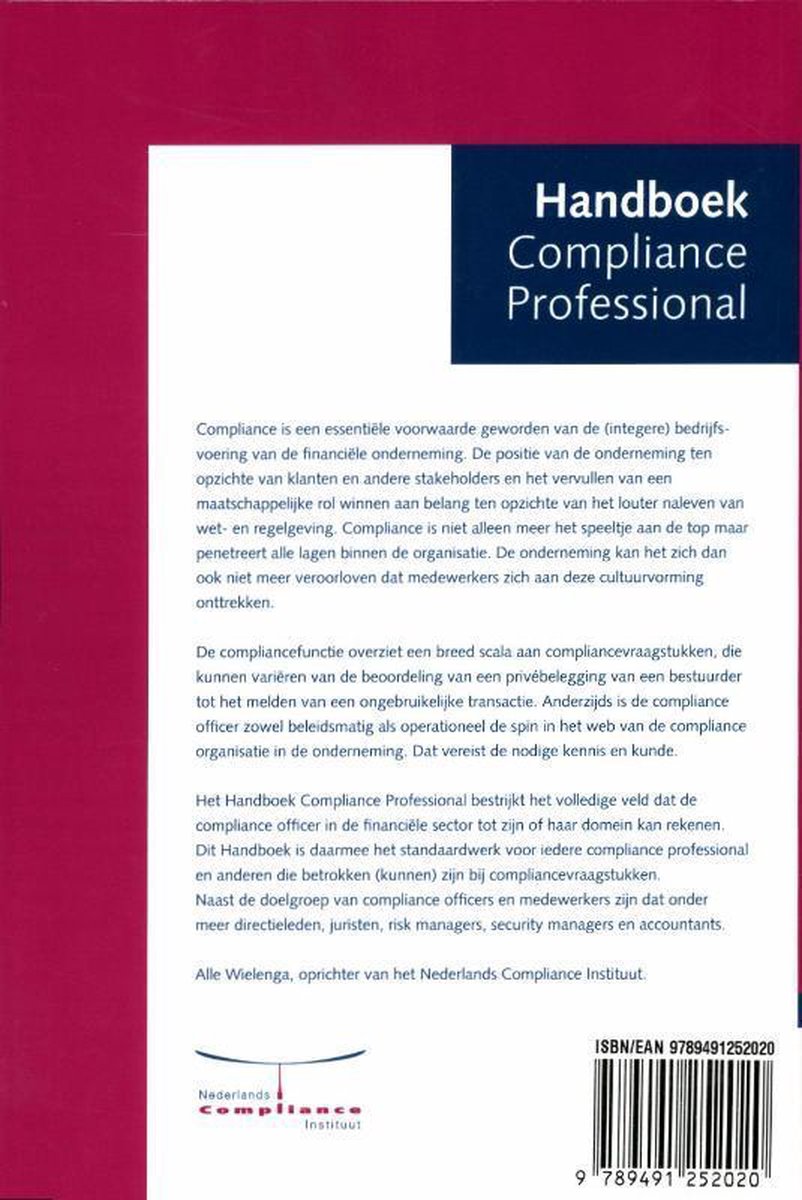 De achterkant van het boek 'Handboek Compliance Professional' met tekst en het logo van het Nederlands Compliance Instituut.