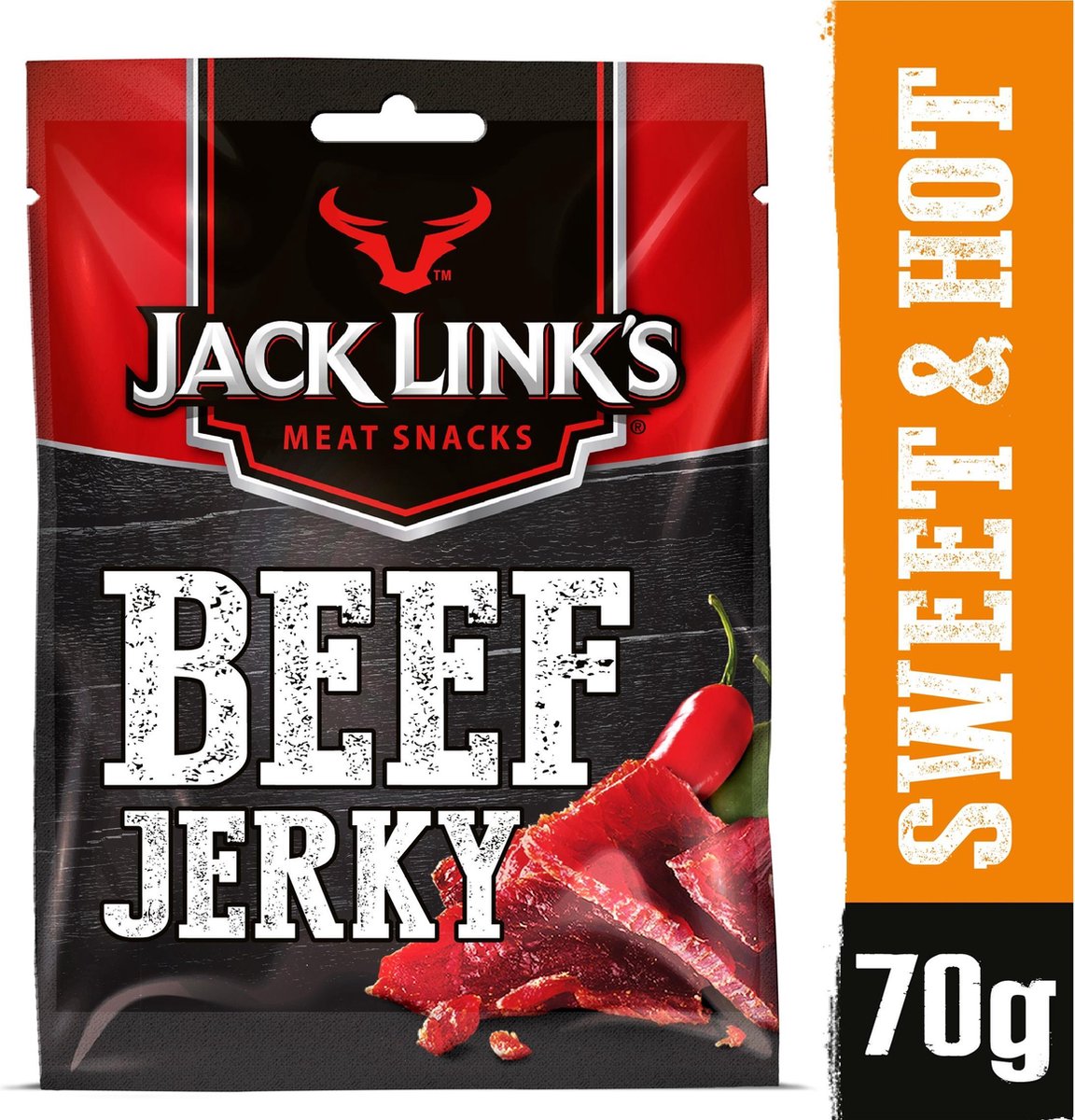 Goedkoopste Jack Link's Beef Jerky Sweet & Hot Multipack 12x70 gram snack van hoogwaardig rundvlees - rijk aan proteïne, laag vetgehalte.
