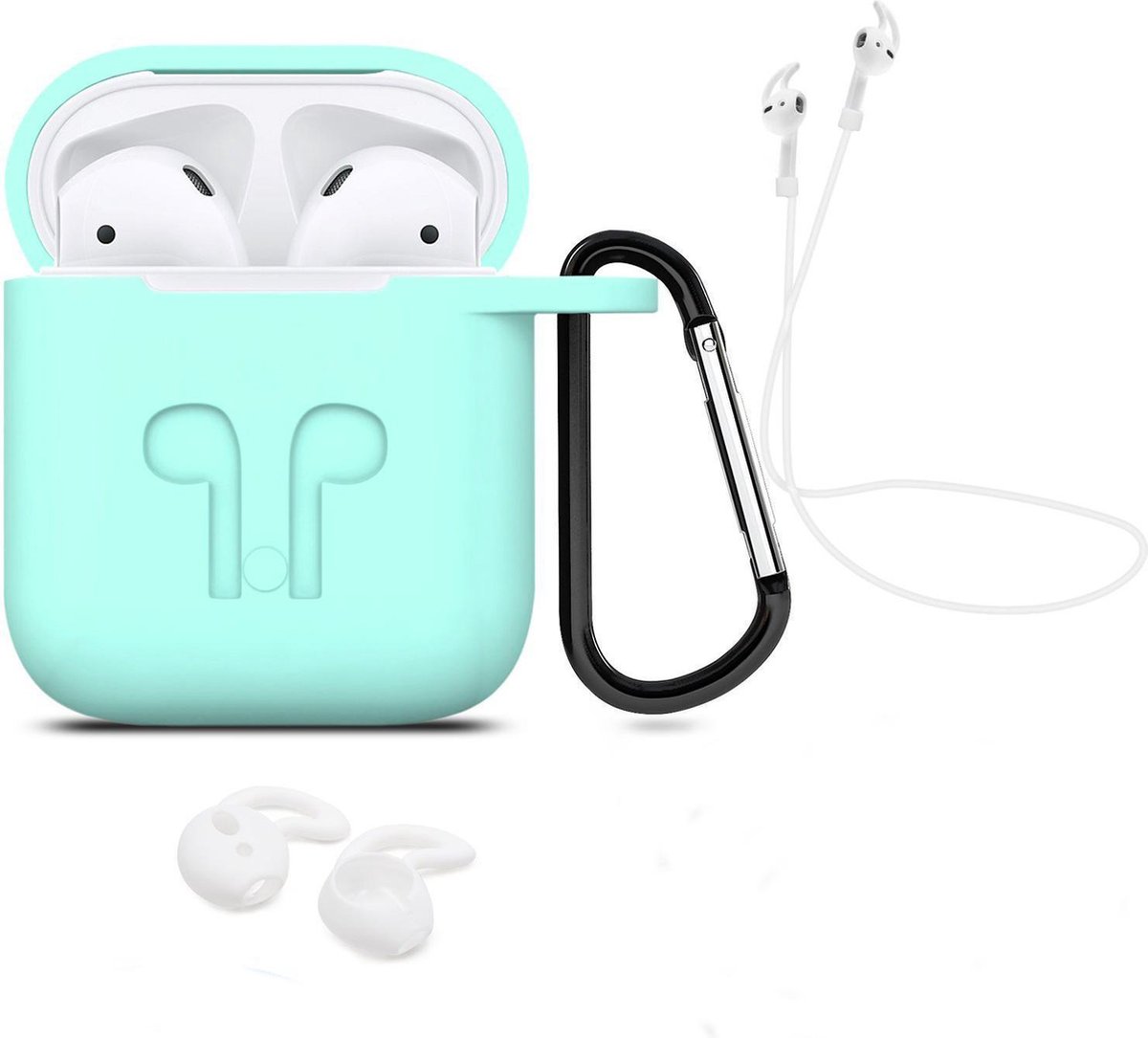 3 in 1 set! Hoesje voor Airpods siliconen case cover beschermhoes + strap + earhoox - mint groen