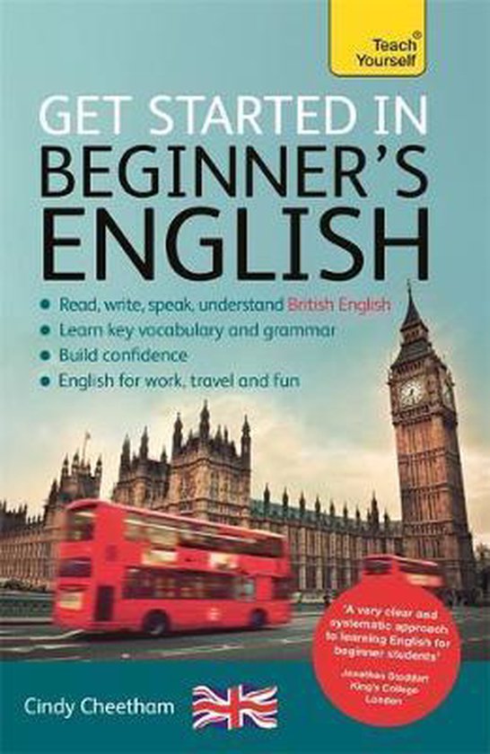 Boek 'Get Started in Beginner's English' met afbeelding van een rode dubbeldekkerbus voor het parlementsgebouw met de Big Ben.