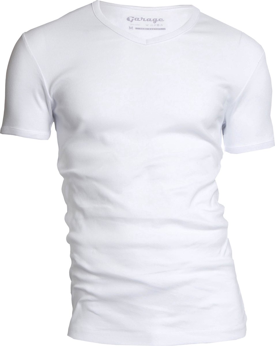Garage 302 - Semi Bodyfit T-shirt V- hals korte mouw wit XXL 100% katoen 1x1 rib