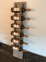 Wijnrek van hout en taupe leer - 1mtr hoog en plaats voor 6 wijnflessen - Wijnrek van steigerhout. Op te hangen of staand te plaatsen