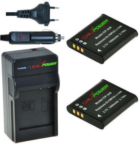 2x Olympus Li-50B accu 1000mAh set met compacte oplader en autolader voor LS, mju, TG, SZ, SP, SH, VH, VR, XZ series
