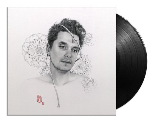 Hoes van een vinylplaat met potloodtekening van een man met een meetlint om zijn hoofd, met mandala's en bloemen, en een zwarte vinylplaat.