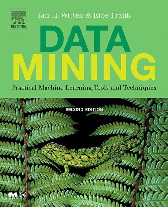 Boekomslag 'Data Mining' met een groene achtergrond. In het midden een groene hagedis op een varens. Titel 'Data Mining' in gele letters.