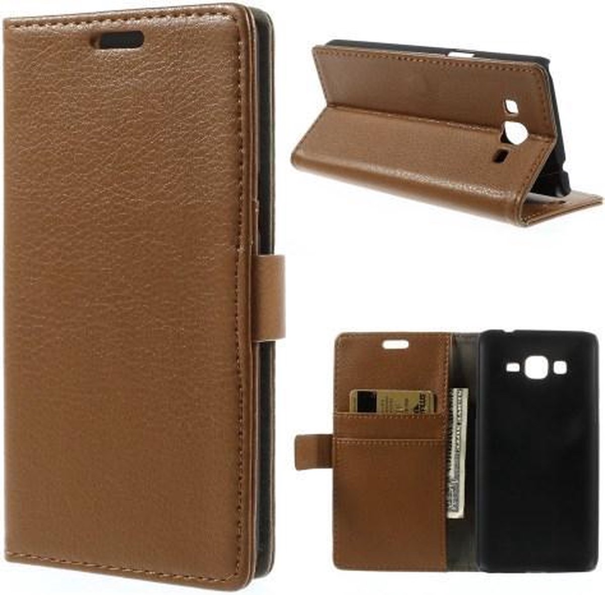 Litchi cover wallet case hoesje Geschikt voor: Samsung Galaxy J1 2016 bruin