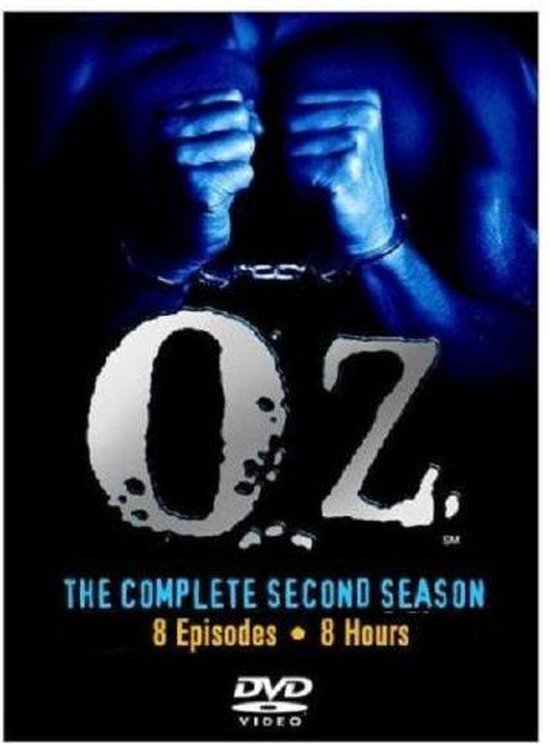 Oz - De Complete Tweede Seizoen DVD. Bliksemschicht-logo met HANDBOEIEN en blauw verlichte torso.