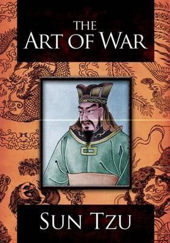 Livre 'L'Art de la Guerre' par Sun Tzu, avec un portrait de Sun Tzu en tenue traditionnelle.