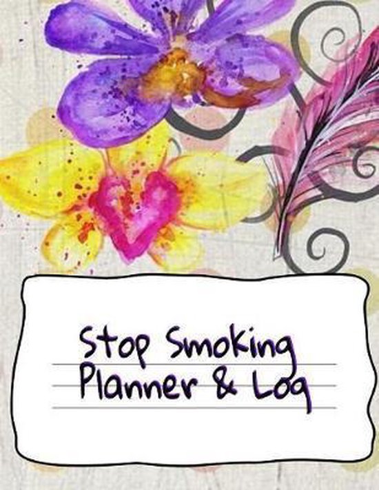 Stop Smoking Planner & Log sur un fond avec des fleurs aquarelles violettes et jaunes et une plume rose.