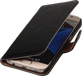 Zwart Echt Leer Leder booktype wallet cover cover voor Samsung Galaxy S7