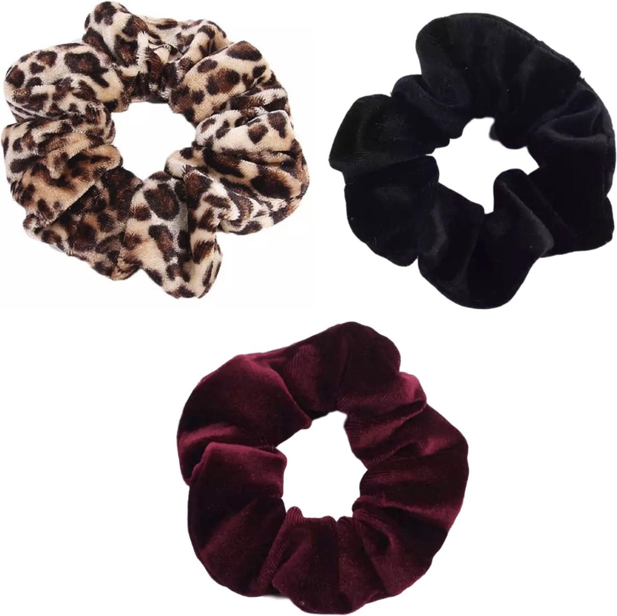 Scrunchie 3 stuks Velvet Extra Vol en Luxe - haarelastiek haarwokkel scrunchies - zwart - bordeauxrood - panterprint bruintinten - Kraagjeskopen.nl