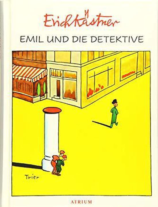 Livre "Emil und die Detektive" avec illustration d'Erich Kästner et un garçon en manteau vert.