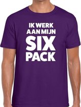 Ik werk aan mijn SIX Pack tekst t-shirt paars heren M