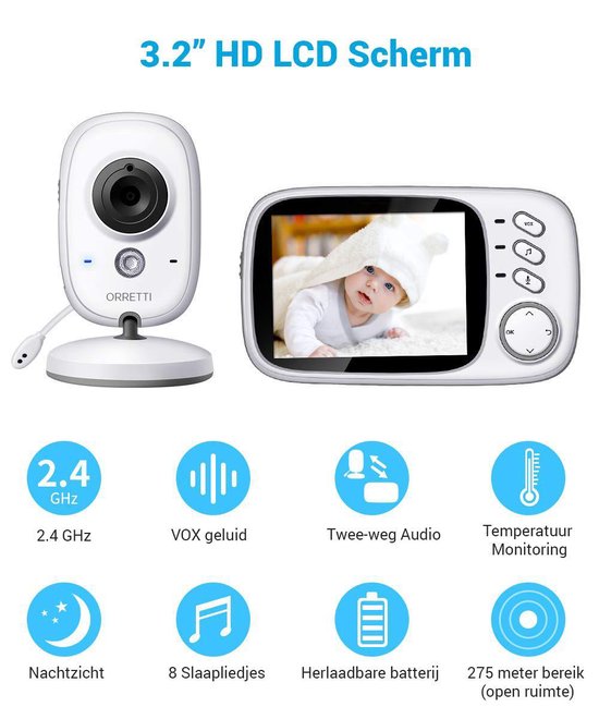 Orretti® V8 Babyfoon met camera - EXTRA batterij inbegrepen - Nederlandse Handleiding - Groot LCD scherm - Sterk Zendbereik - Upgrade Versie - Orretti