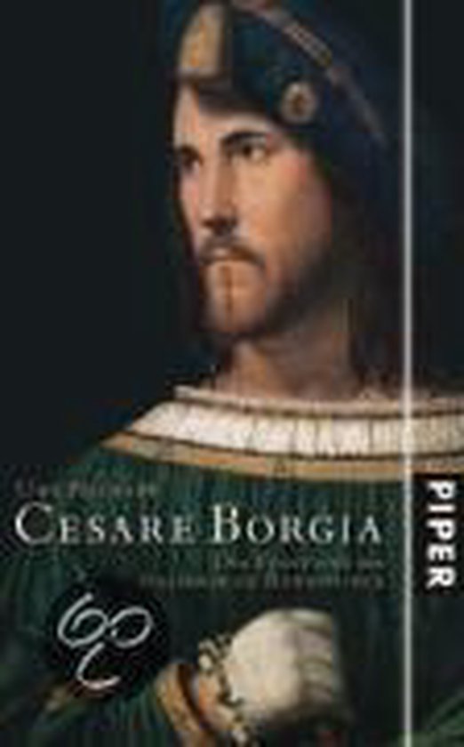 Boekcover met portret van Cesare Borgia in groene kleding met gouden details en een blauwe muts.