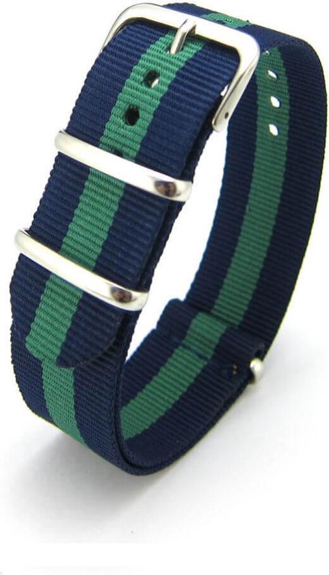 Premium Navy Blue Green - Nato strap 18mm - Stripe - Horlogeband Navy Blauw Groen