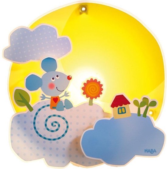 Nachtlamp met een vrolijke muis op een wolk, met huisje en zon.