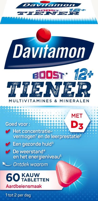 Davitamon Multi Boost 12+ Kauwvitamines - multivitamine - aardbei - 60 tabletten