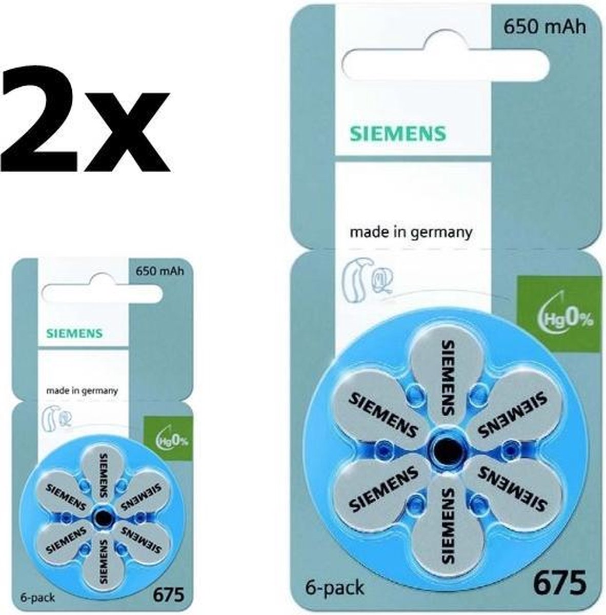 12 stuks (2 Blisters a 6St)- Siemens 675MF Hg 0% Gehoorapparaat batterijen 650mAh 1,45V