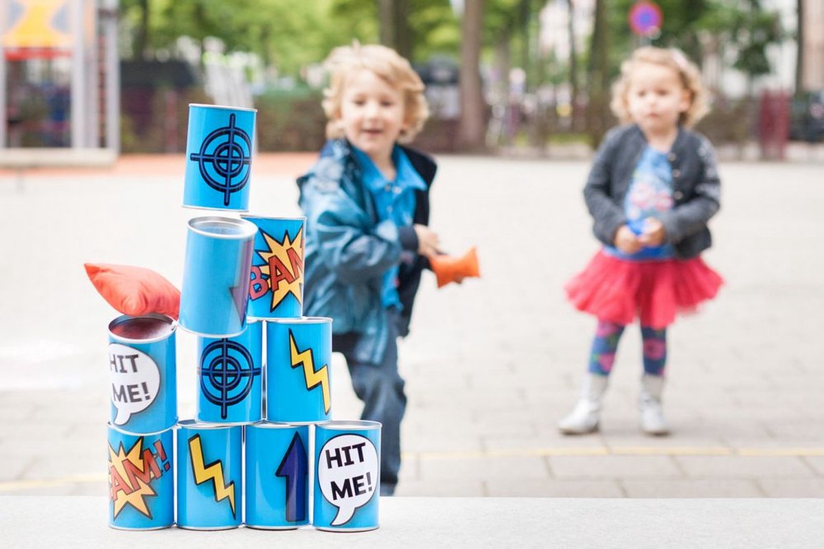 BS Toys Blikgooien Werpspel - Pittenzak Gooien - Kinderspeelgoed vanaf 3 Jaar - Buitenspeelgoed - 10 Blikken - Blauw - Spelletjes voor kinderen - Buiten speelgoed - Buitenspel - Buiten Spellen - Tuin Speelgoed - Cadeau kind — afbeelding 2