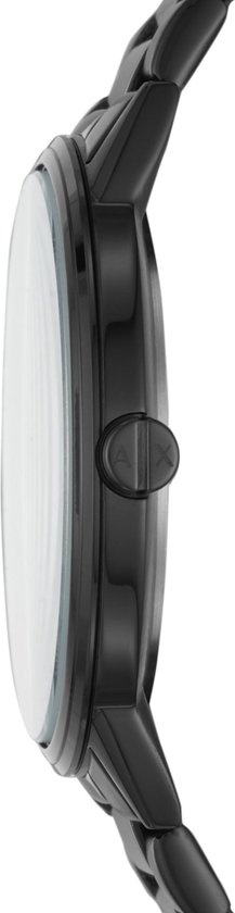 Zijzicht van het zwarte Armani Exchange horloge met de kroon zichtbaar.
