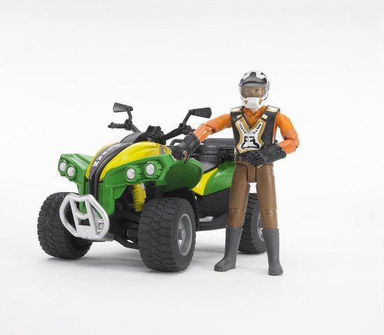 Groene en gele quad met een speelgoedfiguur in oranje en bruine outfit en helm.
