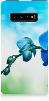 Geschikt voor Samsung Galaxy S10 Plus Standcase Hoesje Design Orchidee Blauw