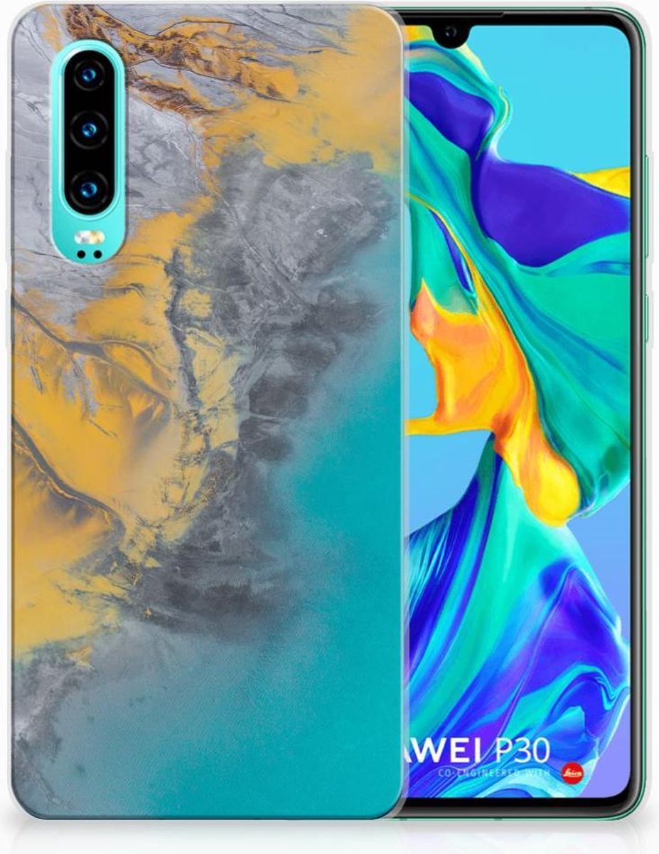 Huawei P30 TPU Siliconen Hoesje Marble Blue Gold