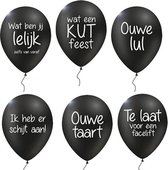 Proleten-pakket met 72 verwensballonnen: 12x ‘Te laat voor een facelift', 12x ‘ouwe lul', 12x ‘ouwe taart', 12x ‘wat een kut feest', 12x ‘wat ben jij lelijk - zelfs van veraf', 12x