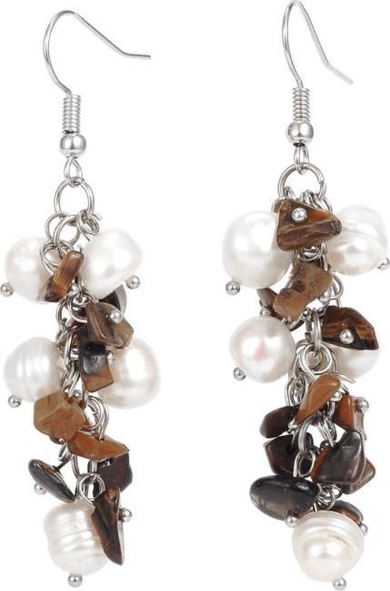 Zoetwater parel en edelstenen oorbellen Pearl Tiger Eye Chip - oorhanger - echte parels - sterling zilver (925) - tijgeroog - wit - bruin