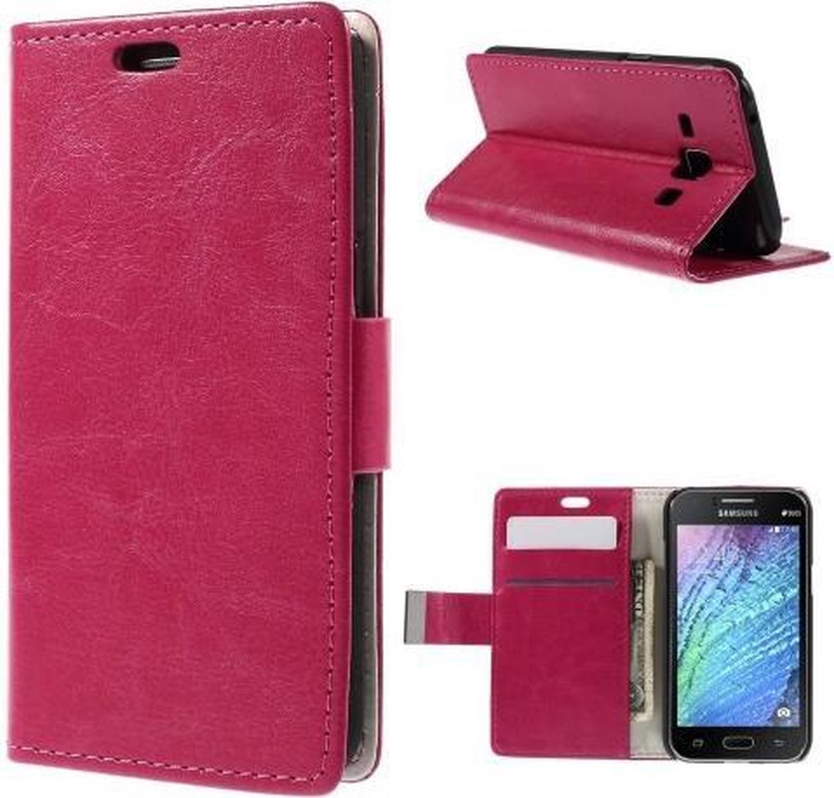 Magnetic bookcase wallet cover hoesje Geschikt voor: Samsung Galaxy J1 2015 roze