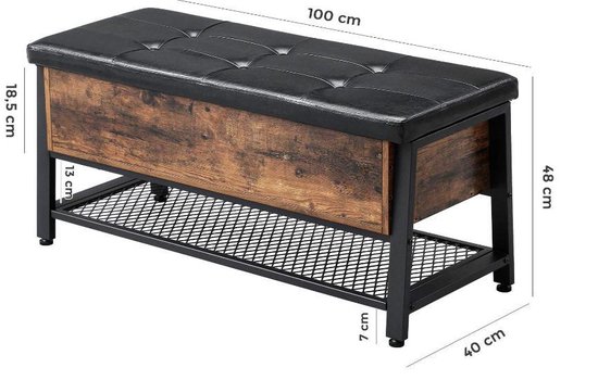 Zwart, leren opbergbank met houtfineer en metalen rek, met afmetingen.
