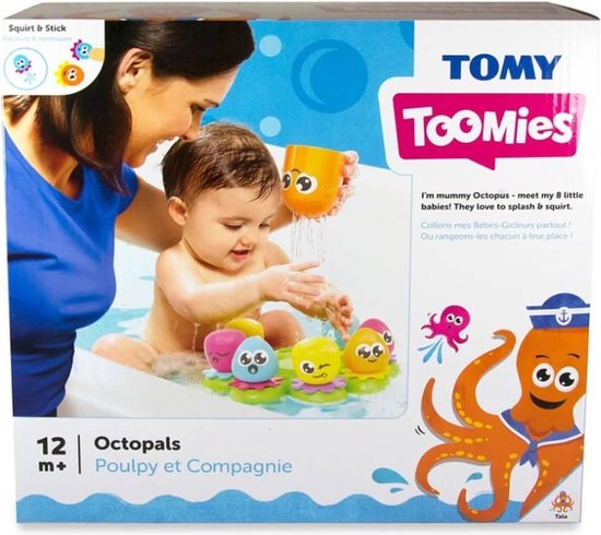 Doos van Tomy Toomies 'Octopals' badspeelgoed, met baby en moeder in bad, en 8 octopusjes.