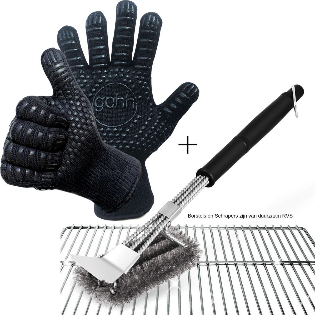 Gohh 2 BBQ Handschoenen van Aramide/Kevlar en 1 BBQ Borstel met Schraper - Gohh®