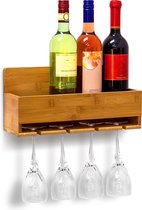 Relaxdays Wijnrek Wijnglashouder - 17 x 37 x 11,5 - Bamboe - Muur-/wandmontage - 4 flessen + 4 glazen