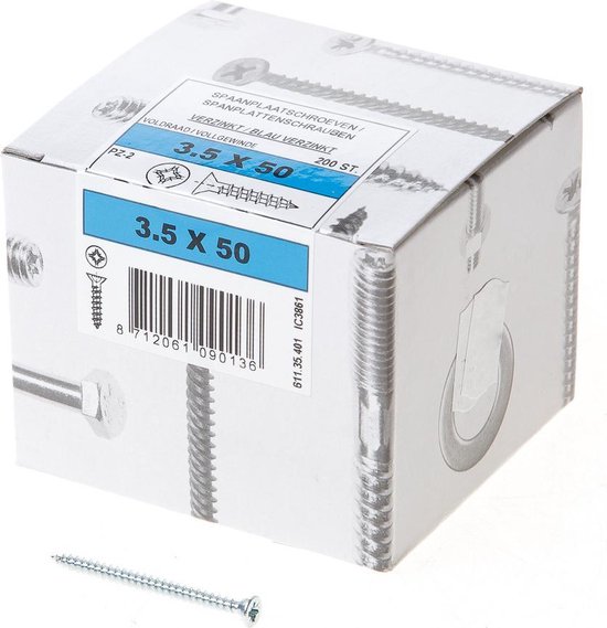 Spaanplaatschroef - Pozidrive 2 - 3,5 x 30mm - Voldraad - Verzinkt (200 stuks)