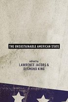 Boek 'The Unsustainable American State', geredigeerd door Lawrence Jacobs & Desmond King, met een distressed Amerikaanse vlag op de onderkant.