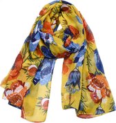 Gele dames sjaal met blauwe en oranje klaprozen - 90 x 180 cm