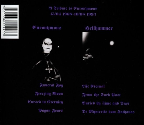 Achterkant van een album met Euronymous en Hellhammer, plus een tracklist.