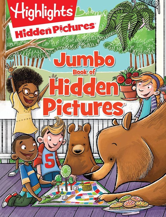 Jumbo Book of Hidden Pictures, avec deux enfants souriants, un ours et un lapin jouant sur un plateau de jeu.