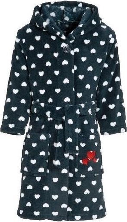 Donkerblauwe badjas/ochtendjas met hartjes print voor kinderen - Playshoes kinder fleecebadjas 110/116 (5-6 jr)