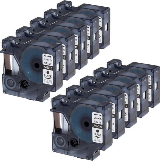 10 x Dymo 45010 Zwart op Transparant Standaard Label Tapes Compatible voor Dymo LabelManager 100 110 120P 150 160 PC2 200 210D 220P 260 260P 280 300 350 350D 360D 400 420P 450 / 12mm x 7m