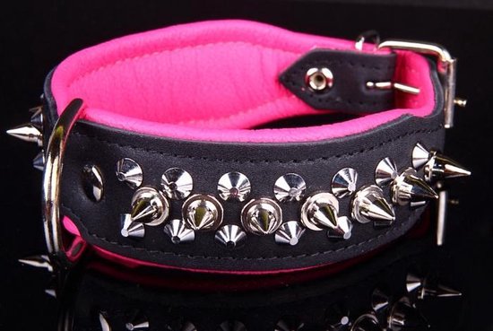 Dog's Companion Leren Halsband - met Spikes - Lengte: 45cm Verstelbaar van: 32-41 cm x 40 mm - Zwart/Roze