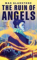 Boekcover 'The Ruin of Angels' van Max Gladstone. Een vrouw kijkt weg, omringd door gele vlammen.