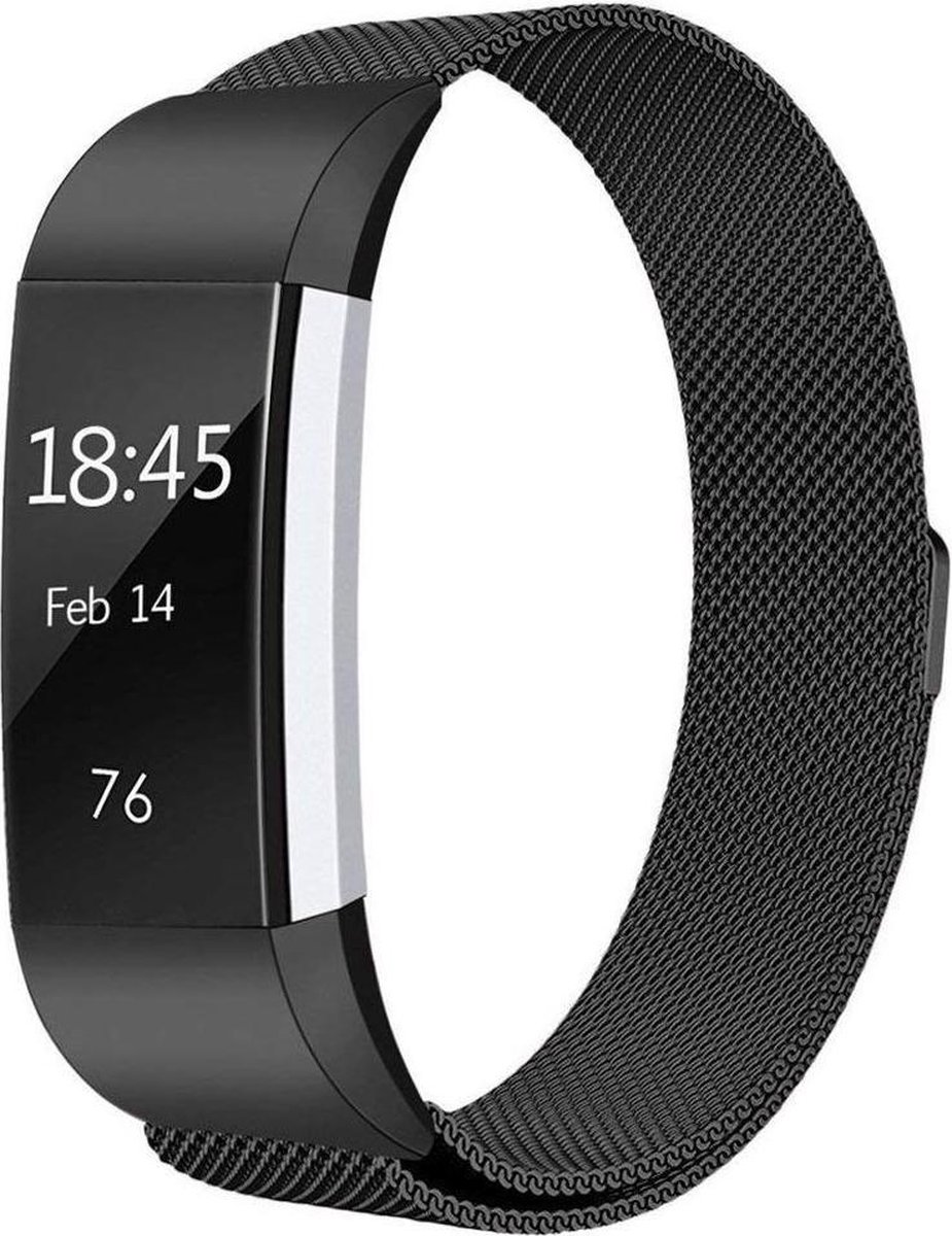 Milanees bandje geschikt voor Fitbit Charge 2 - Met magneetsluiting - Gemaakt van RVS - KELERINO. - Zwart - Large