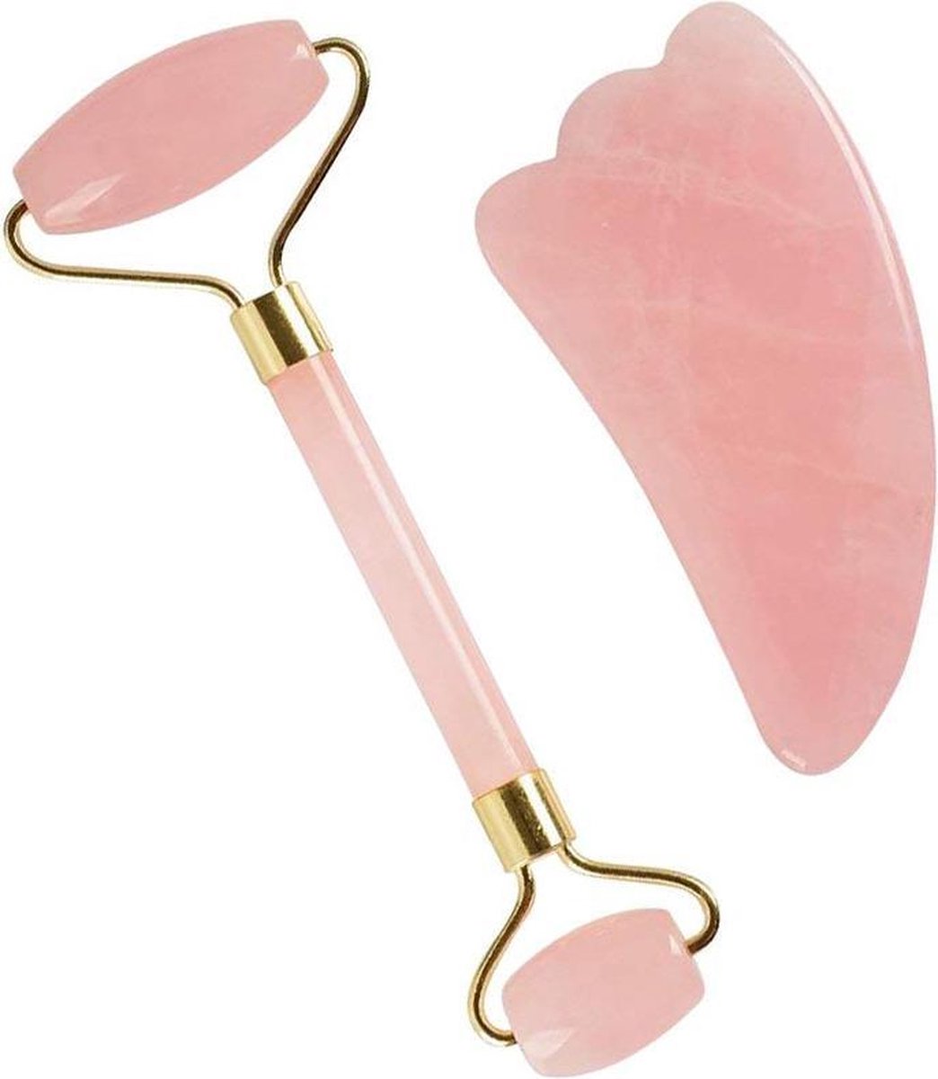 KELERINO Jade Roller Gezichtsmassage Roller - met gua sha steen - roze