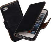 MP Case Zwart vintage lederlook bookcase voor de Apple iPhone 5 5S SE wallet hoesje flip cover iPhone 5 5s SE telefoonhoesje - smartphone hoesje - beschermhoes