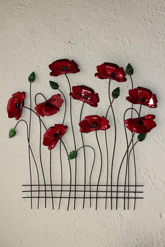 Tuindecoratie - wanddecoratie - muurdecoratie - metaal - bloemen - klaprozen - rood - groen - zwart -  60 x 56 cm