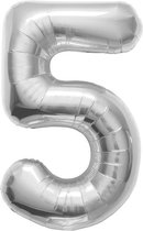 Zilverkleurige cijferballon cijfer 5 - 86 cm